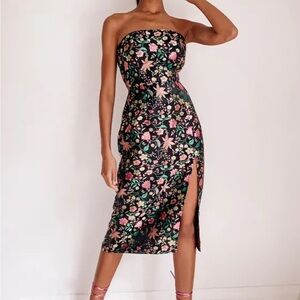 Lulus Make a Move Black Satin Floral Jacquard Strapless Midi Dress